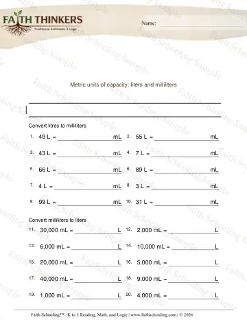 3rd Grade math worksheet — Measurement Units. Metric Units Capacity L Ml 2