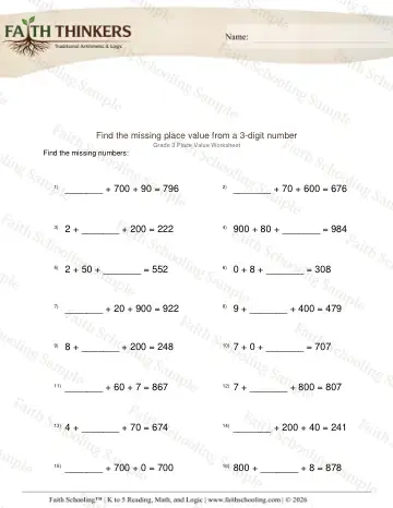 3rd Grade math worksheet — Missing Place Value 3 Digit Number 4