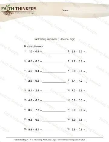 4th Grade math worksheet — Subtracting Decimals 1 Digit 5