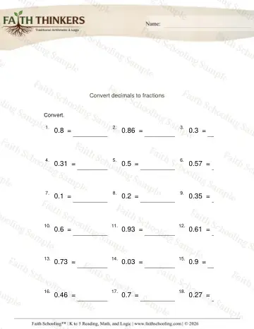 4th Grade math worksheet — Converting Decimals and Fractions. Decimals to Fractions 6