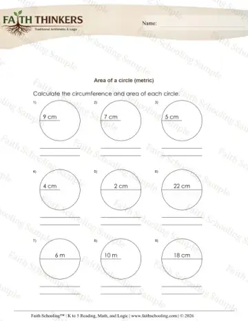 5th Grade math worksheet — Perimeter and Area. Area of Circles 12
