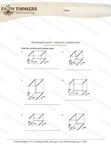 5th Grade math worksheet — Geometry Rectangular Prism Volume Surface Area 4