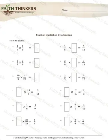 5th Grade math worksheet — Fractions Multiply Missing Number 4