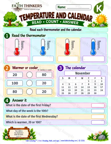 Kindergarten math worksheet — Temperature And Calendar Practice 9