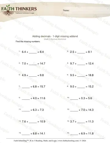 5th Grade math worksheet — Adding Decimals 1 Digit Missing Addend 2