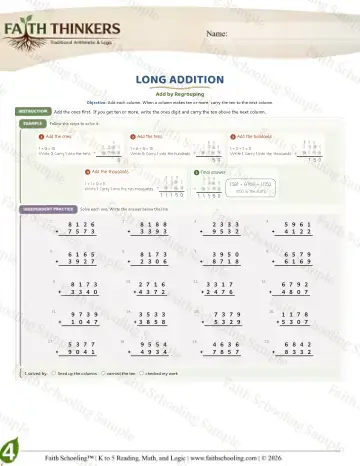4th Grade math worksheet — Addition with Regrouping. Long Addition (Practice 5)