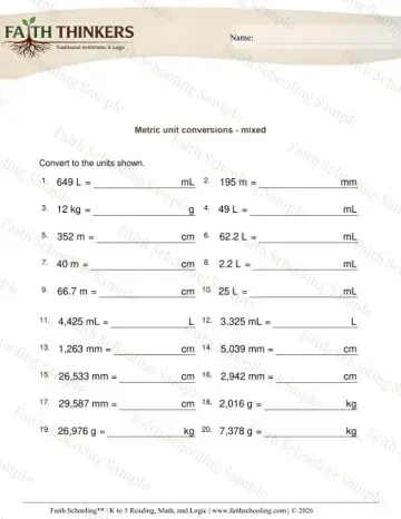 5th Grade math worksheet — Metric Measurement. Metric Units Mixed 9
