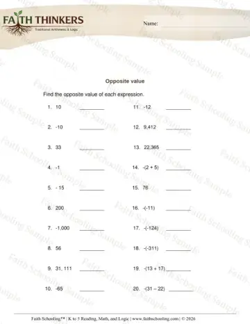 5th Grade math worksheet — Integers Absolute Value 7