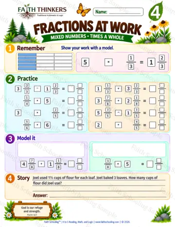 4th Grade math worksheet — Mixed Number Operations and Fraction Multiplication Practice 7