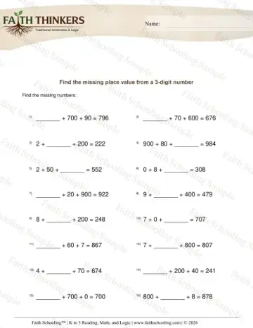 3rd Grade math worksheet — Missing Place Value 3 Digit Number 8
