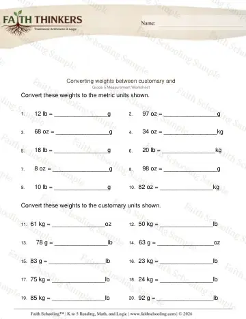 5th Grade math worksheet — Mass and Weight. Converting Weights Customary Metric 6