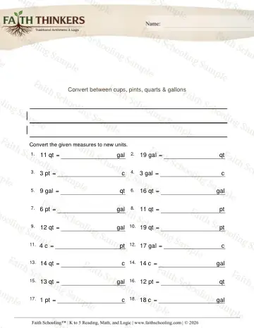 3rd Grade math worksheet — Converting Units. Converting Cups Pints Quarts Gallons Hard 6