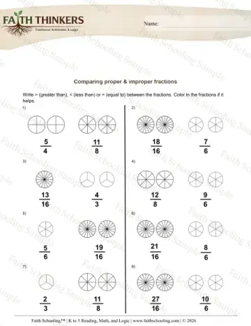 4th Grade math worksheet — Comparing Proper and Improper Fractions 8