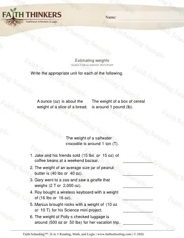 4th Grade math worksheet — Estimating Measurements 5