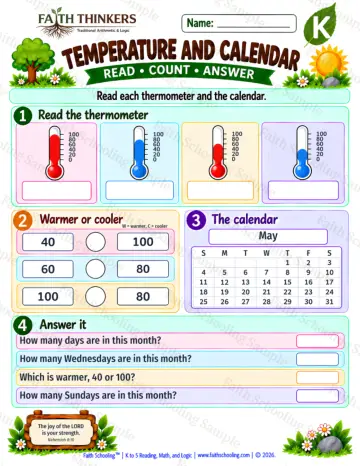 Kindergarten math worksheet — Temperature And Calendar Practice 6