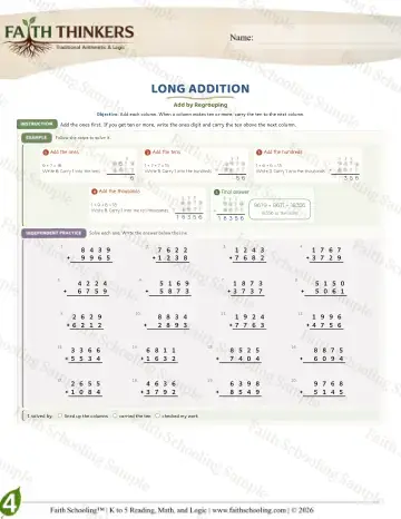 4th Grade math worksheet — Addition with Regrouping. Long Addition (Practice 6)