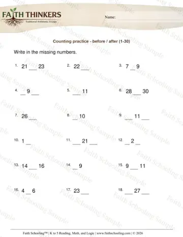 1st Grade math worksheet — Counting Practice Before After 3