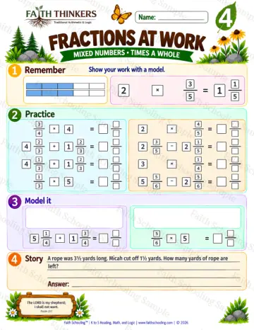 4th Grade math worksheet — Mixed Number Operations and Fraction Multiplication Practice 9