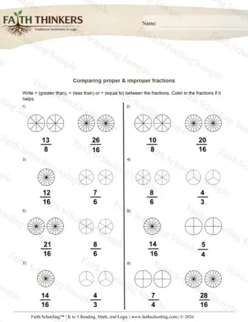 4th Grade math worksheet — Comparing Proper and Improper Fractions 7