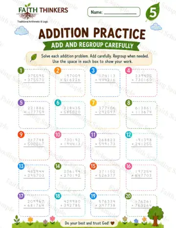 5th Grade math worksheet — Summer Addition Practice 8