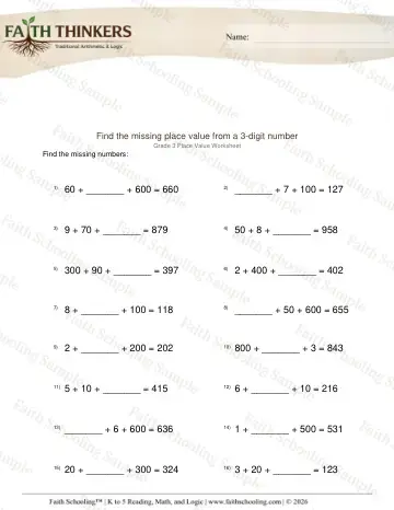 3rd Grade math worksheet — Missing Place Value 3 Digit Number 3