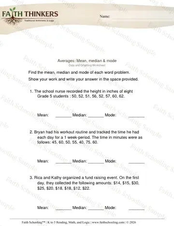 5th Grade math worksheet — Averages Mean Median Mode 3