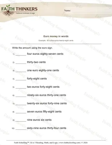 2nd Grade math worksheet — World Currencies. Euro Money in Words 11