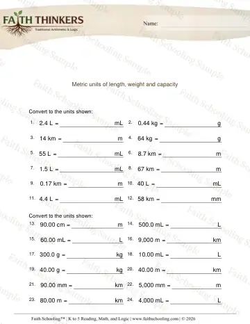 4th Grade math worksheet — Convert Metric Units Length Weight Capacity 4