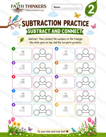 2nd Grade math worksheet — Spring Subtract And Connect Practice 6