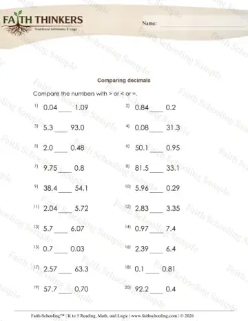 4th Grade math worksheet — Comparing and Ordering Decimals. Compare Decimals 5
