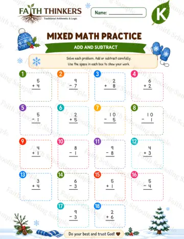 Kindergarten math worksheet — Winter Mixed Practice 4