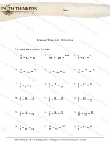 3rd Grade math worksheet — Equivalent 3 Fractions 2