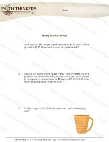 4th Grade math worksheet — Money Word Problems 5