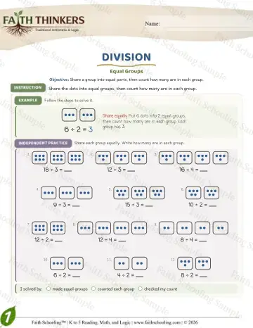1st Grade math worksheet — Division as Equal Groups. Long Division (Practice 6)