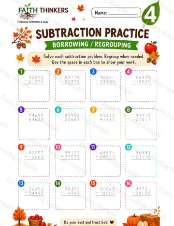 4th Grade math worksheet — Fall Subtraction Practice 7