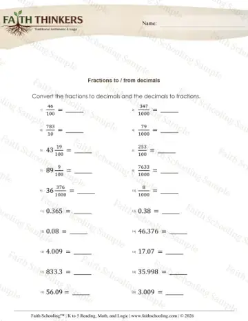 5th Grade math worksheet — Fractions Improper Mixed to Decimals 6