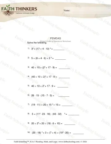 5th Grade math worksheet — Order of Operations (PEMDAS). PEMDAS 3