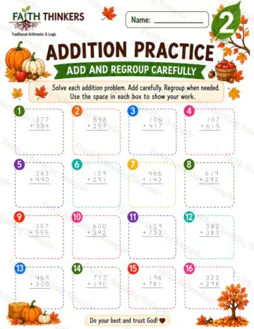 2nd Grade math worksheet — Fall Addition Practice 4