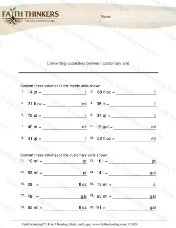 5th Grade math worksheet — Capacity and Volume. Converting Capacities Customary Metric 4