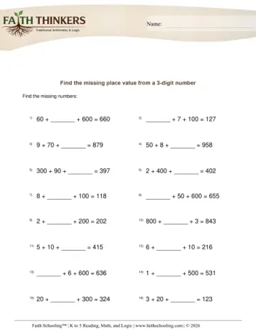 Missing Place Value 3 Digit Number 7