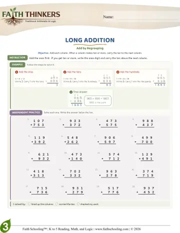 Grade 3 Math: Long Addition — worksheet preview