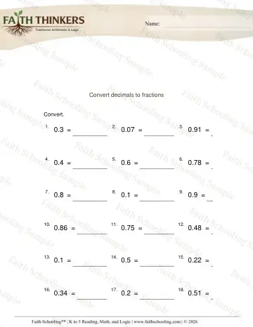4th Grade math worksheet — Converting Decimals and Fractions. Decimals to Fractions 4