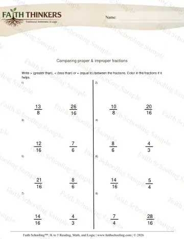 4th Grade math worksheet — Comparing Proper and Improper Fractions 3