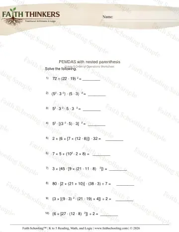 5th Grade math worksheet — Order of Operations with Nested Parentheses. PEMDAS Nested Parenthesis 3