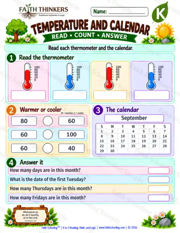 Kindergarten math worksheet — Temperature And Calendar Practice 4