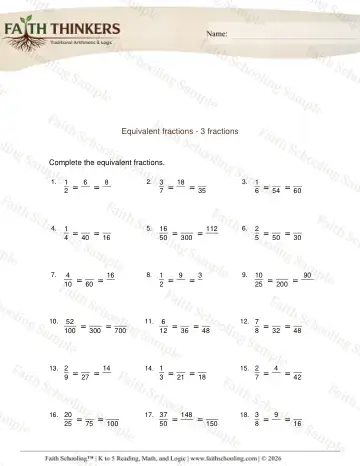 3rd Grade math worksheet — Equivalent 3 Fractions 4