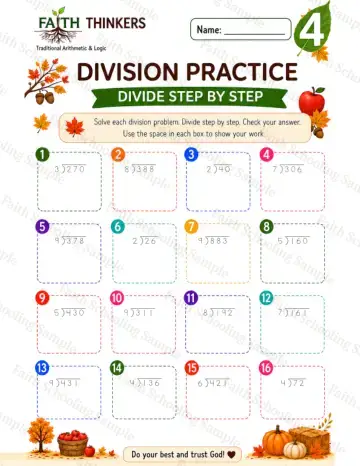 4th Grade math worksheet — Fall Division Practice 9