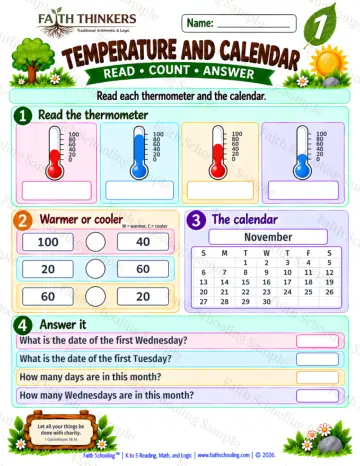 1st Grade math worksheet — Calendar and Temperature Practice 4