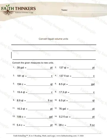 5th Grade math worksheet — Converting Fluid Volume Units Decimals 4