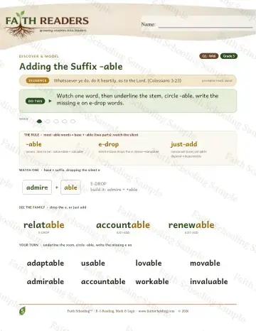 5th Grade vocabulary & word study worksheet — Adding The Suffix Able — Lesson (Practice 6)